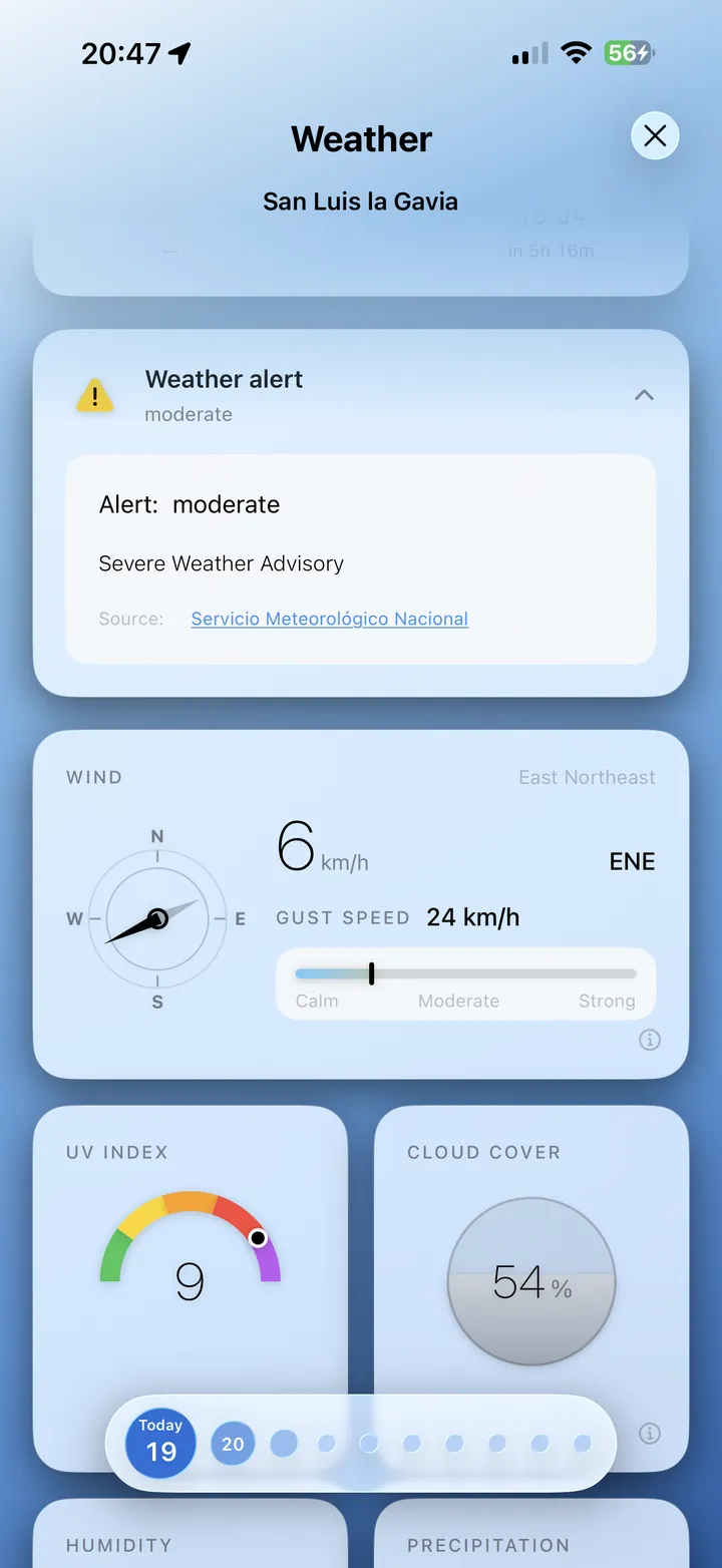 Weather alert card with a severe weather advisory shown above the wind dashboard
