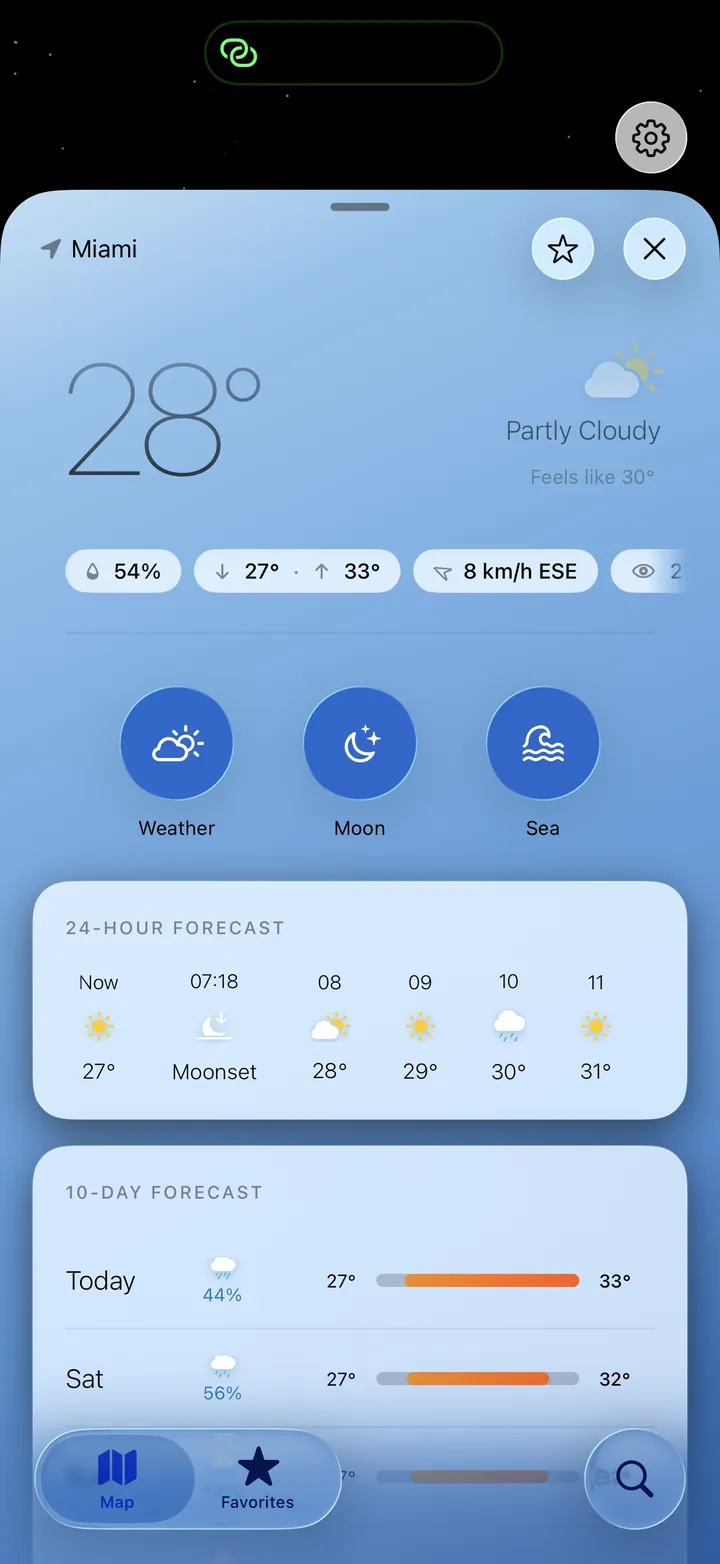 Tap Weather forecast sheet with Weather, Moon and Sea tabs, 24-hour forecast and 10-day outlook