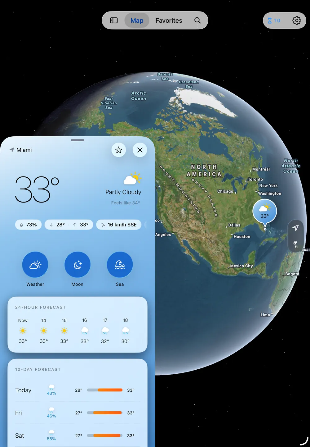 Tap Weather on iPad: the globe map beside the forecast sheet in landscape