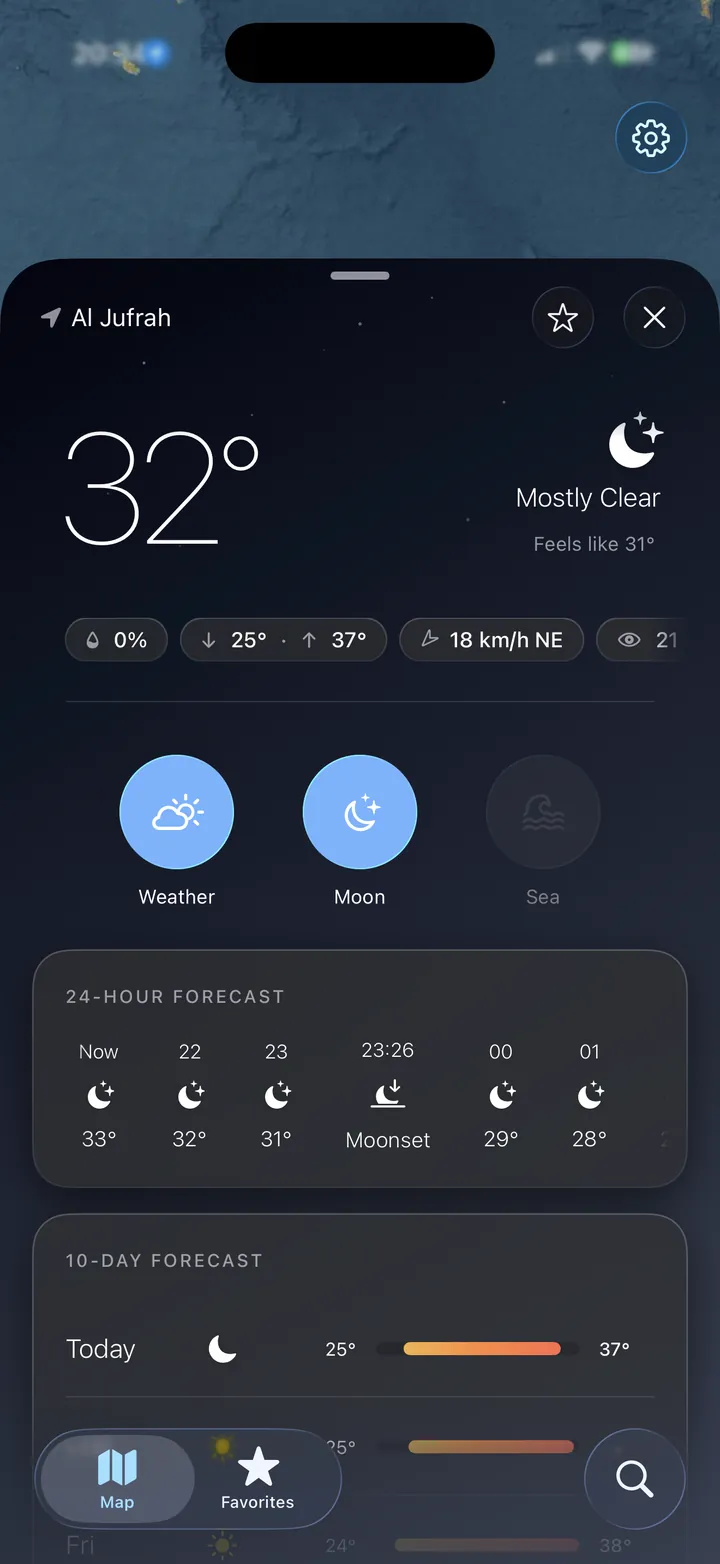 Night-time forecast sheet for Al Jufrah: 32°, mostly clear, with the dark day-and-night gradient