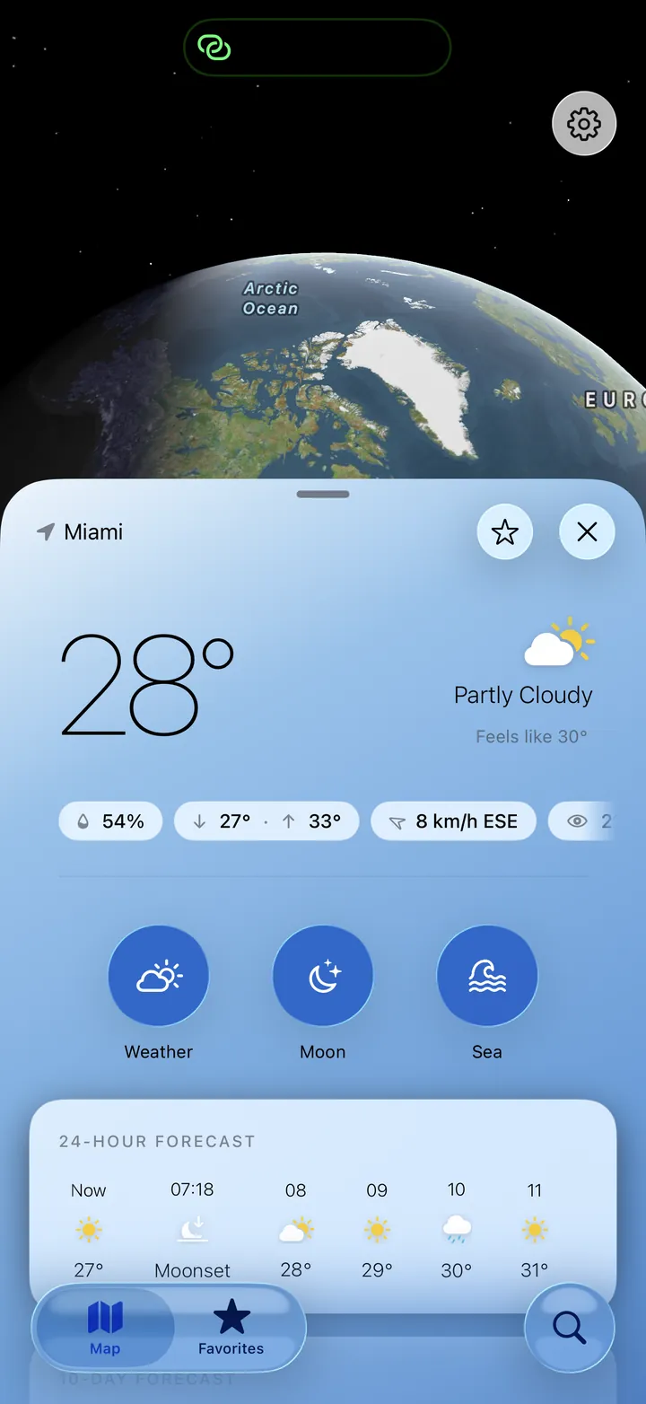 Step 3: the forecast sheet with Weather, Moon and Sea tabs and the 24-hour forecast